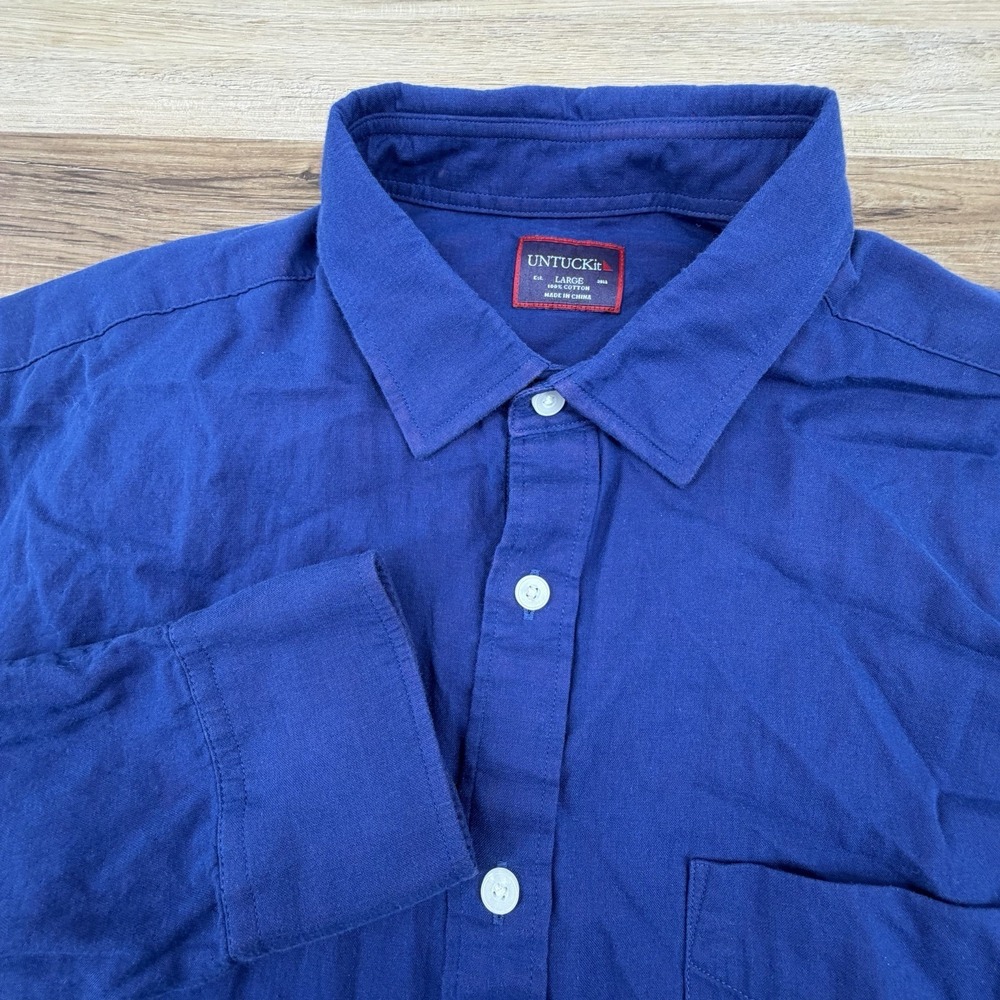 Untuckit Shirt Mens Large Solid Blue Casual Dress Button‎ Down Cotton